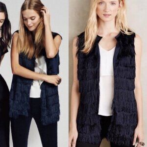 Anthropologie Eva Franco Blue Fringe Vest Size Small Navy Tiered Bohemian Boho S